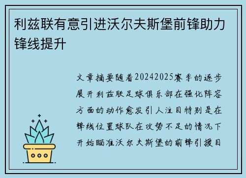 利兹联有意引进沃尔夫斯堡前锋助力锋线提升