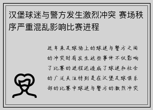 汉堡球迷与警方发生激烈冲突 赛场秩序严重混乱影响比赛进程