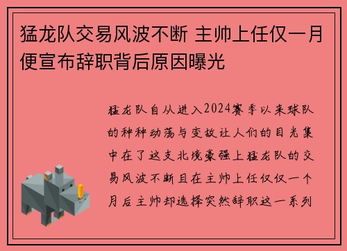 猛龙队交易风波不断 主帅上任仅一月便宣布辞职背后原因曝光