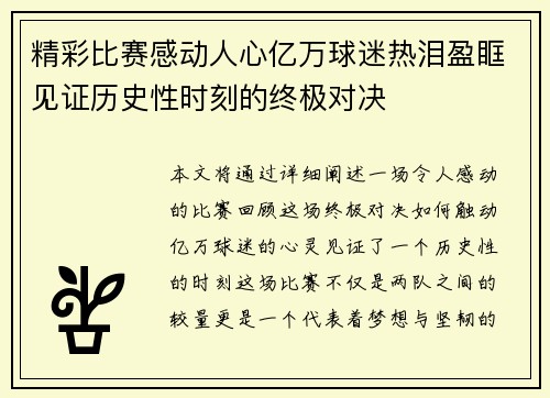 精彩比赛感动人心亿万球迷热泪盈眶见证历史性时刻的终极对决