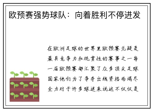 欧预赛强势球队：向着胜利不停进发